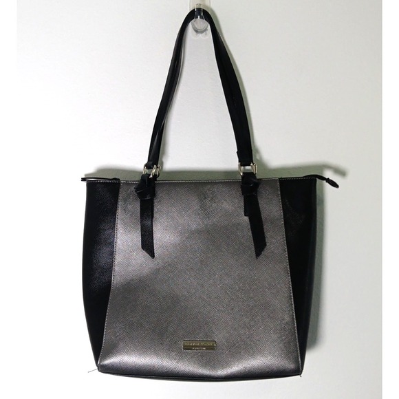 Jack & Jones Handbags - Jones New York SIGNATURE Black Pebble Faux Leather Satchel Tote Bag Silver Chic